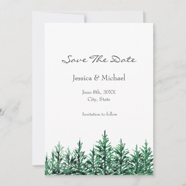 Watercolor Pine Trees Save The Date (Front)