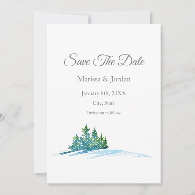 Watercolor Pine Trees Snow Scape Save The Date (Front)