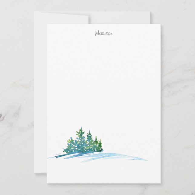 Watercolor Pine Trees Snowscape Note Card (Front)