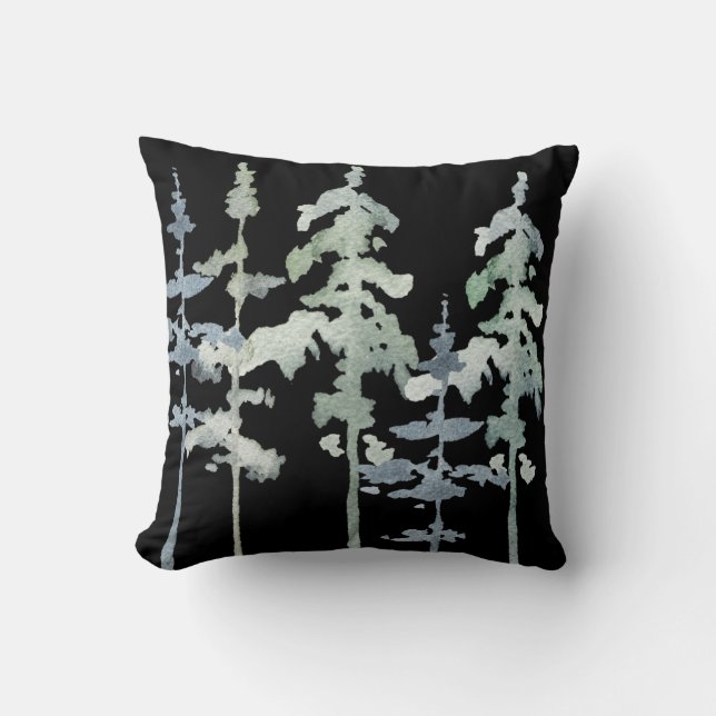 Watercolor Pine Trees, stripes, black background Throw Pillow (Front)