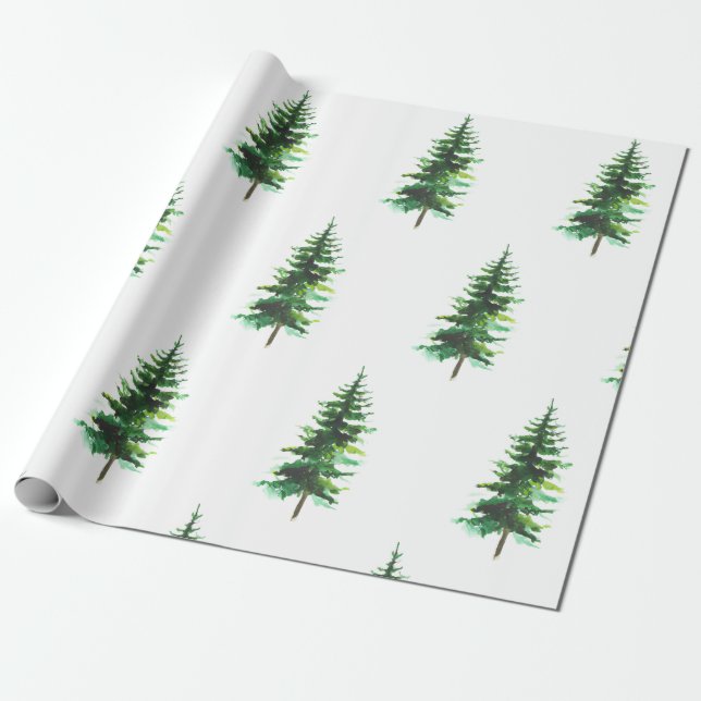 Watercolor Pine Trees Winter Holiday Wrapping Paper (Unrolled)