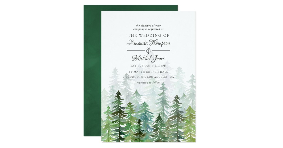 Watercolor Pine Trees Winter Wedding Invitation | Zazzle.com