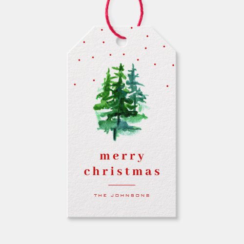 Watercolor Pine Trees with Red Merry Christmas Gift Tags