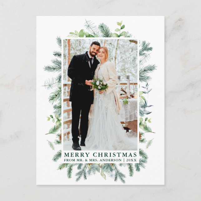 Watercolor Pine Wedding Photo Christmas Green Postcard (Front)