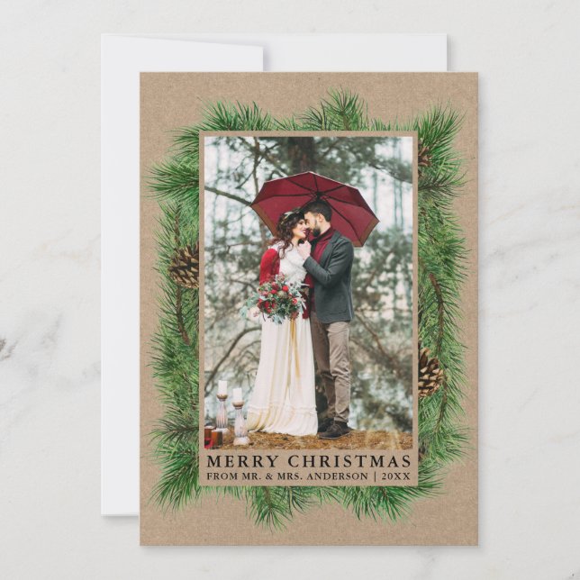 Watercolor Pine Wedding Photo Kraft Holiday Card (Front)