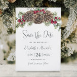 Watercolor Pine Winter Berries Christmas Wedding Save The Date<br><div class="desc">This elegant winter wedding Save the Date card is decorated at the top with a rustic Christmas bouquet of watercolor greenery and pine cones, accented with red holly berries, and features modern trendy handwriting script calligraphy. The back has a burgundy watercolor texture. Find the matching wedding invitation suite and more...</div>