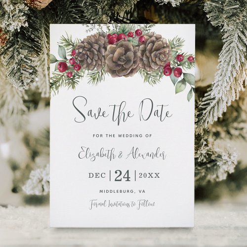 Watercolor Pine Winter Berries Christmas Wedding Save The Date