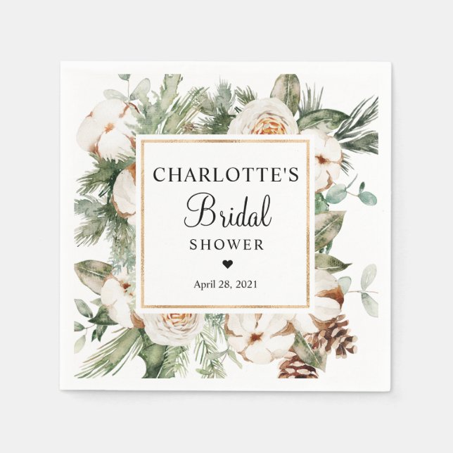 Watercolor Pine & Winter Greenery Bridal Shower Napkins (Front)