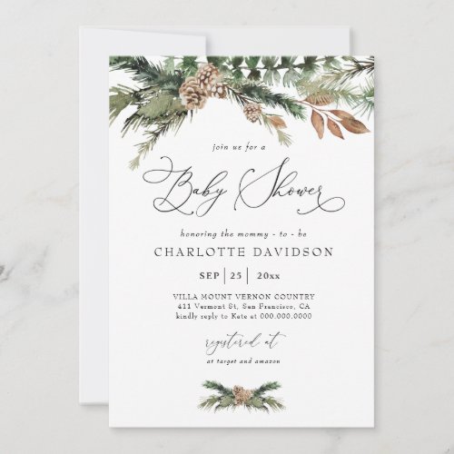 Watercolor Pine Winter Greenery Rustic Baby Shower Invitation