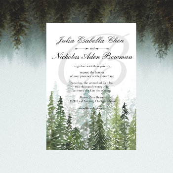 Watercolor Pine Woods Forest Monogram Wedding Invitation by riverme at Zazzle