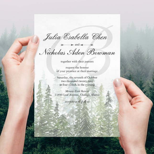 Watercolor Pine Woods Forest Monogram Wedding Invitation (Creator Uploaded)