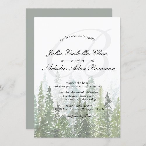 Watercolor Pine Woods Forest Monogram Wedding Invitation