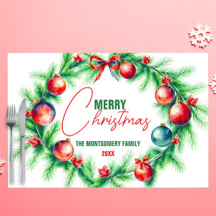 Watercolor Pine Wreath Family Christmas Placemat
