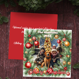 Watercolor Pine Wreath Family Photo Christmas Holiday Card