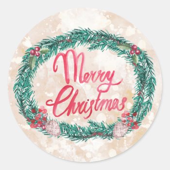 Watercolor Pine Wreath Merry Christmas Classic Round Sticker by ChristmasCardShop at Zazzle
