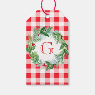 Watercolor Pine Wreath MONOGRAM Red Check Gift Tags
