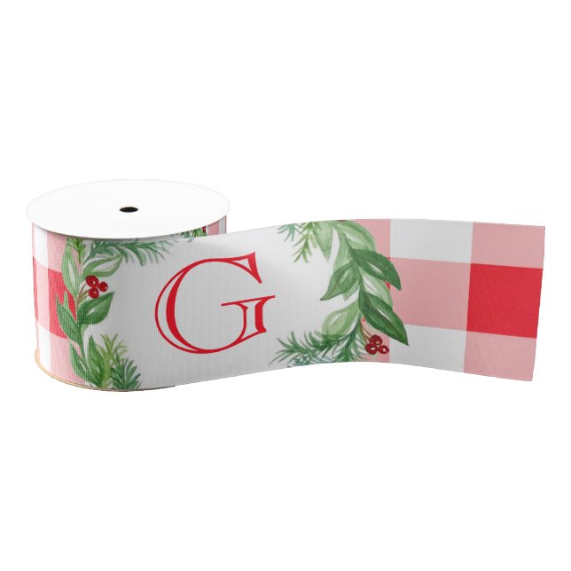 Watercolor Pine Wreath MONOGRAM Red Check Grosgrain Ribbon (Spool)