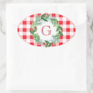 Watercolor Pine Wreath MONOGRAM Red Check Oval Sticker