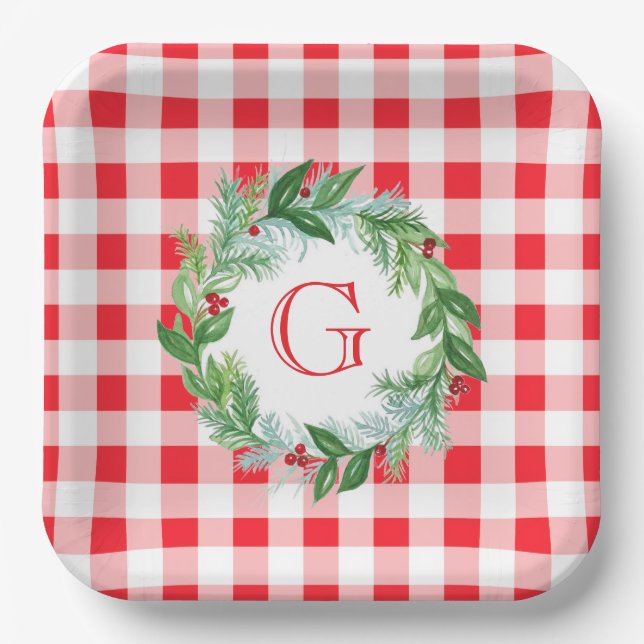 Watercolor Pine Wreath MONOGRAM Red Check  Paper Plates (Front)