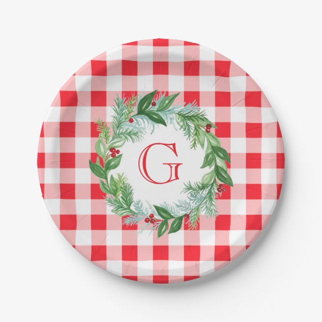 Watercolor Pine Wreath MONOGRAM Red Check Round Paper Plates (Front)