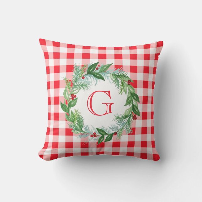 Watercolor Pine Wreath MONOGRAM Red Check Throw Pillow (Front)
