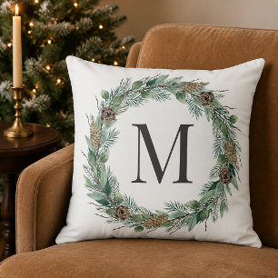 Watercolor Pine Wreath Pinecone Monogram Winter Throw Pillow