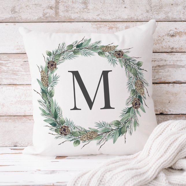 Watercolor Pine Wreath Pinecone Monogram Winter Throw Pillow (Creator Uploaded)