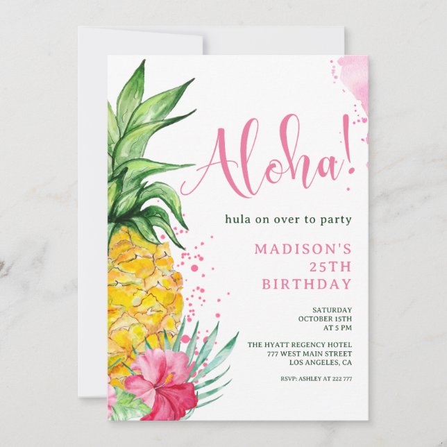 Watercolor Pineapple Aloha Birthday Invitation (Front)