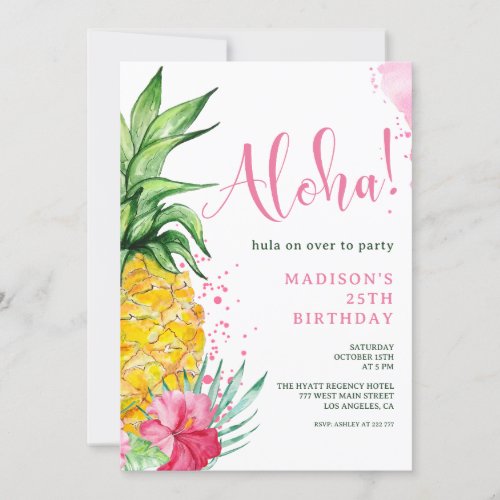 Watercolor Pineapple Aloha Birthday Invitation