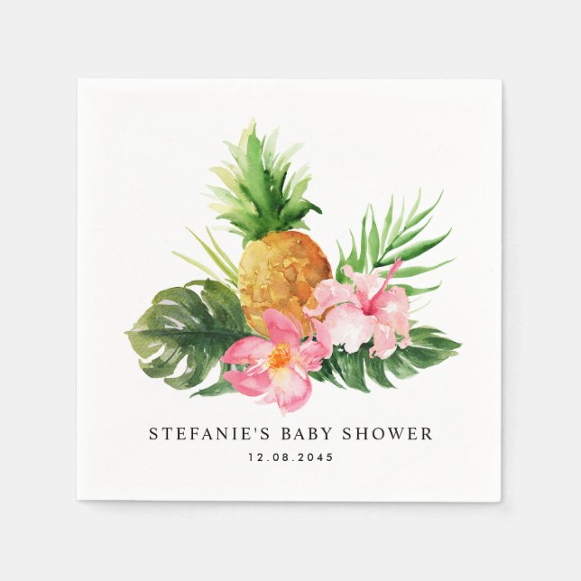 Watercolor Pineapple and Hibiscus Baby Shower Napkins (Front)