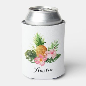 Watercolor Pineapple And Hibiscus Tropical Summer Can Cooler by KeikoPrints at Zazzle