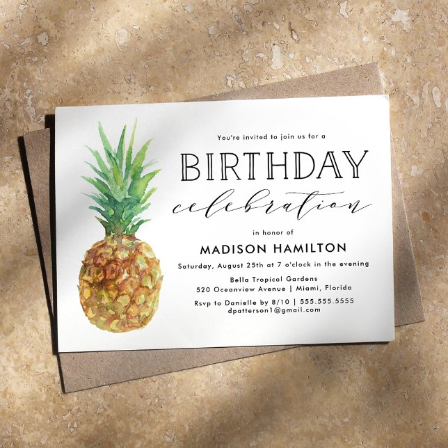Watercolor Pineapple Birthday Party Invitation (Creator Uploaded)