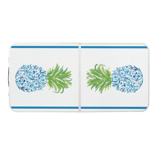 Watercolor Pineapple Chinoiserie Blue White Preppy Beer Pong Table (Top)