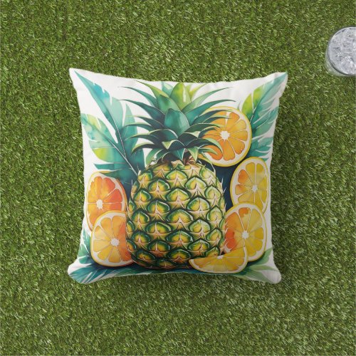 Watercolor Pineapple & Citrus | Tropical Fruit Thr Outdoor Pillow