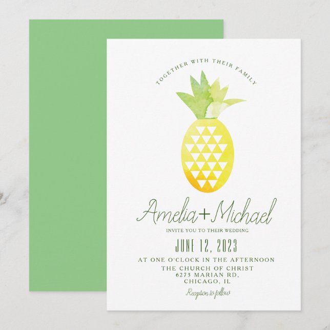 Watercolor Pineapple Geometric Tropical Wedding Invitation (Front/Back)
