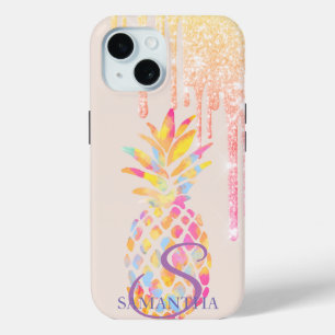 Watercolor Pineapple Glitter Drips iPhone 15 Case
