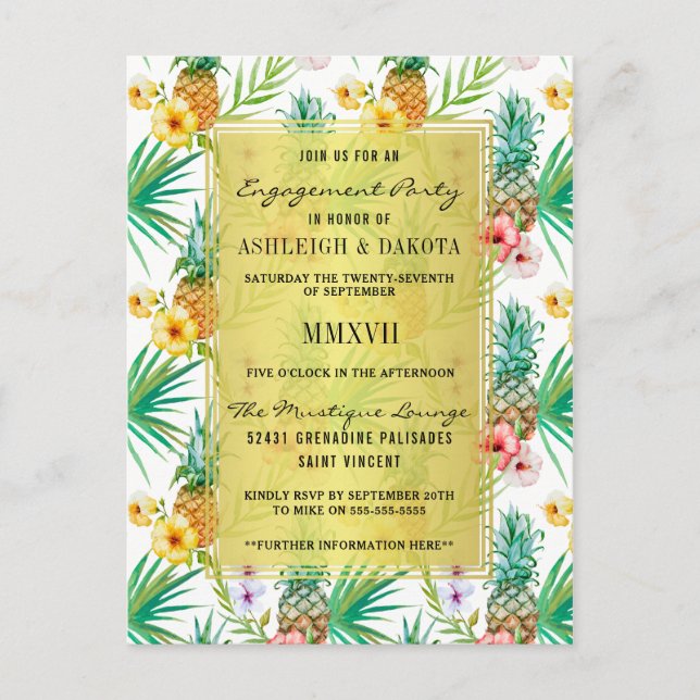 Watercolor Pineapple & Hibiscus Engagement Party Invitation Postcard (Front)