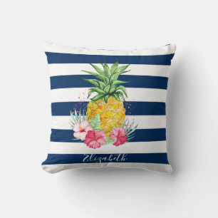 Watercolor Pineapple Hibiscus,Navy Blue Stripe Throw Pillow