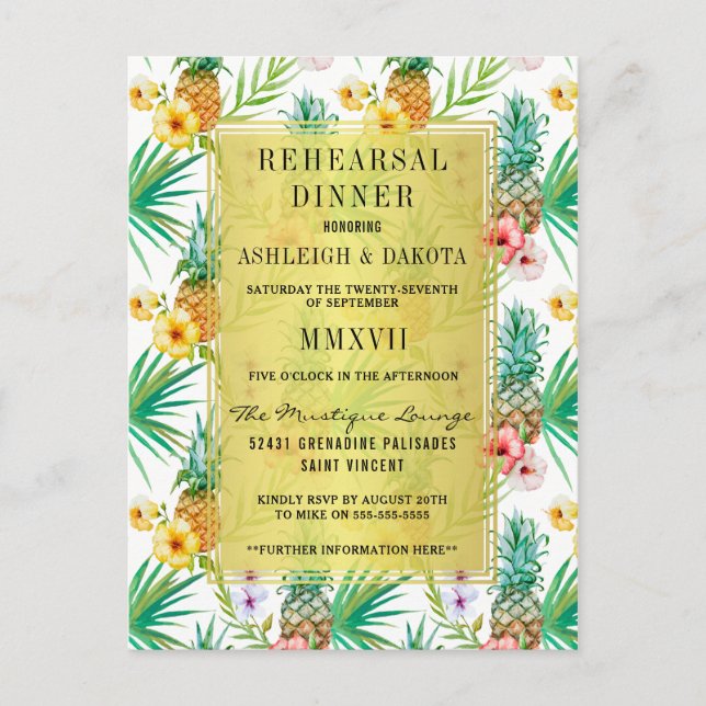Watercolor Pineapple & Hibiscus Rehearsal Dinner Invitation Postcard (Front)