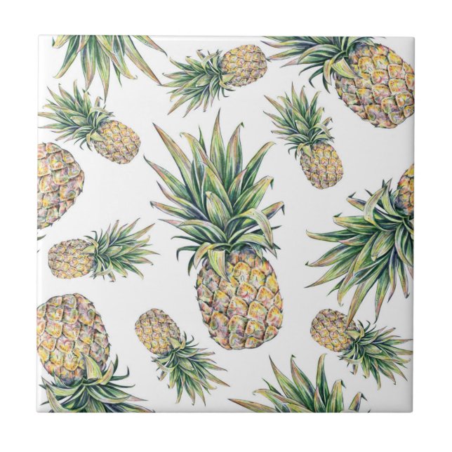 Watercolor Pineapple Pattern Ceramic Tile (Front)