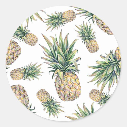 Watercolor Pineapple Pattern Classic Round Sticker
