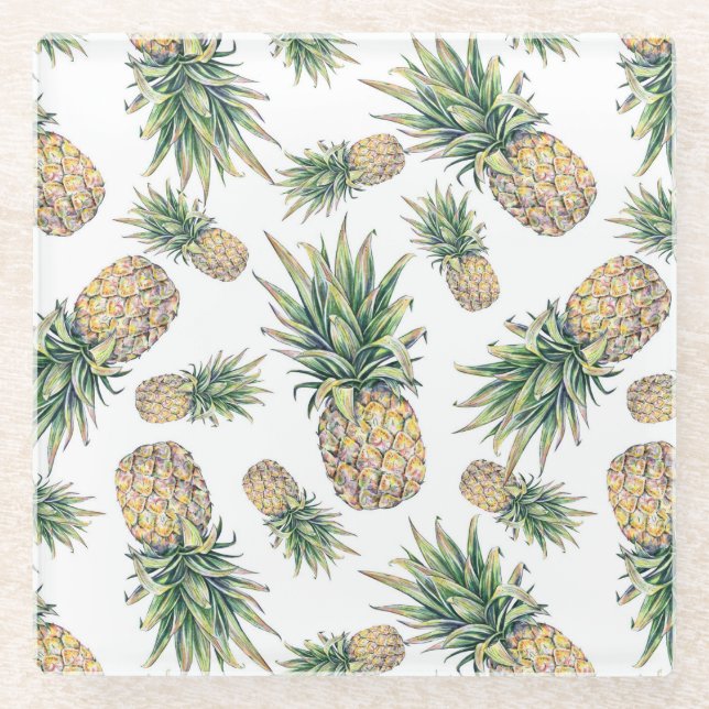 Watercolor Pineapple Pattern Glass Coaster (Front)