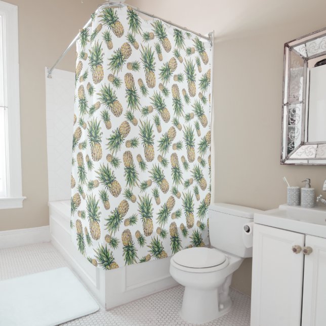 Watercolor Pineapple Pattern Shower Curtain (In Situ)