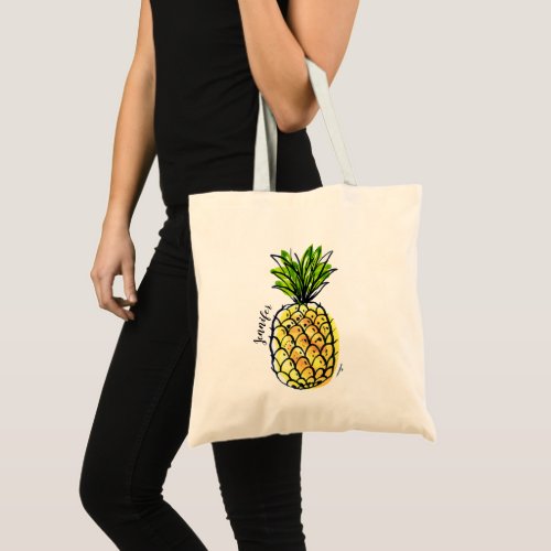 Watercolor Pineapple Personalized Tote Bag