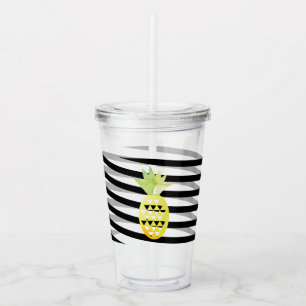 Watercolor Pineapple Ribbon Stripes Monogram Acrylic Tumbler