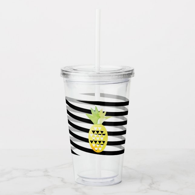 Watercolor Pineapple Ribbon Stripes Monogram Acrylic Tumbler (Front)
