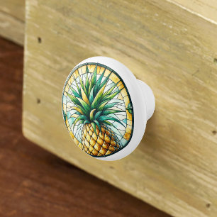 Watercolor Pineapple Stained Glass Yellow Green Ceramic Knob