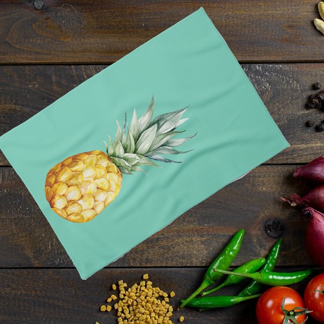 Watercolor Pineapple Summer Tropical Blue Kitchen Towel (Creator Uploaded)