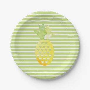 Watercolor Pineapple Trendy Stripes Fruity Party Paper Plates
