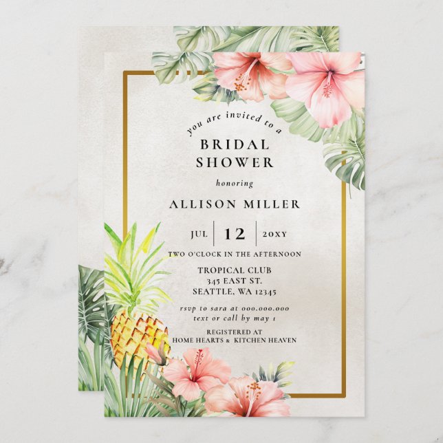 Watercolor Pineapple Tropical Bridal Shower  Invitation (Front/Back)
